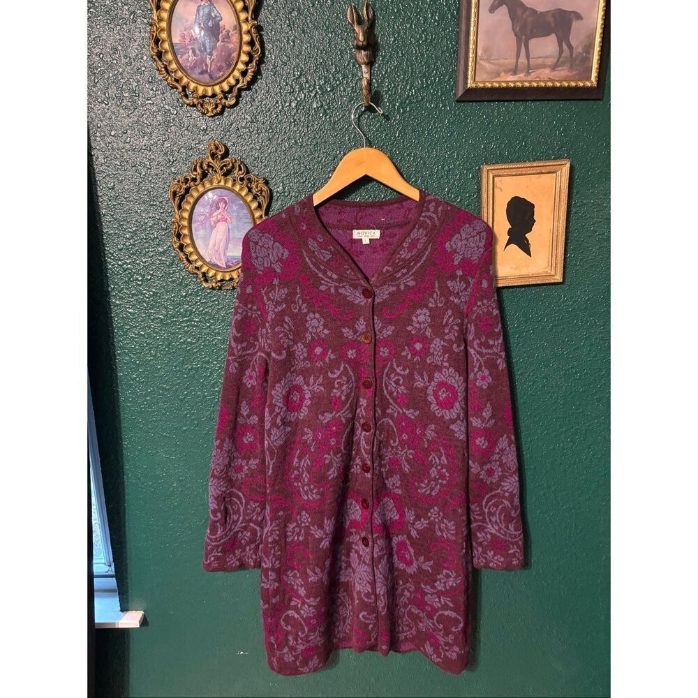 NOVICA PERU FLORAL BABY ALPACA KNIT LONG CARDIGAN COATIGAN SIZE LARGE